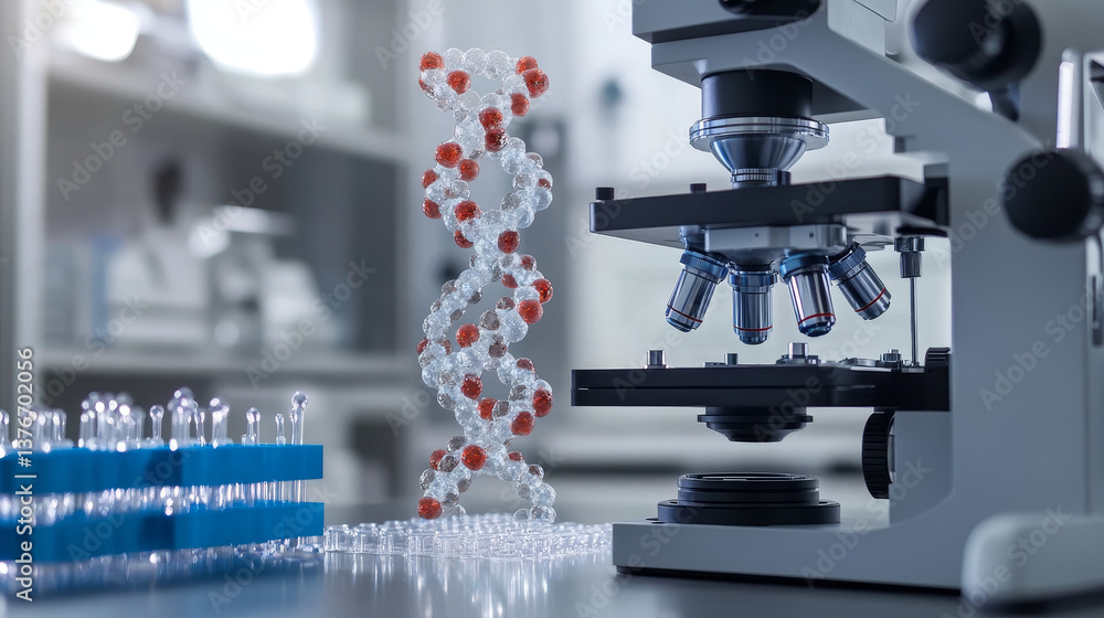 DNA genome decoding innovative design concept. Deep macro fantasy of a digital microscope. Laboratory research of molecular particles 3D illustration DNA genome decoding innovative design concept. Deep macro fantasy of a digital microscope. Laboratory research of molecular particles 3D illustration
