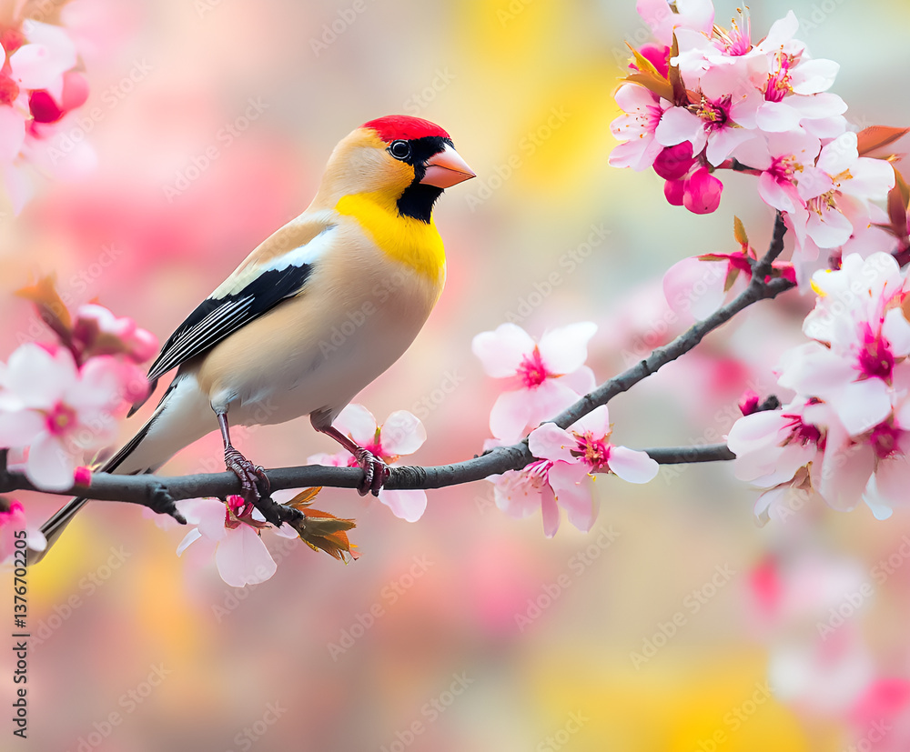 Bird perching on a branch with pink flowers of blossom almond tree on colorful background. The European Goldfinch. Spring background Bird perching on a branch with pink flowers of blossom almond tree on colorful background. The European Goldfinch. Spring background