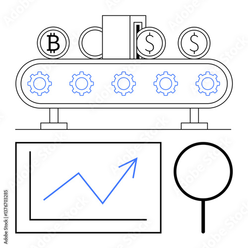 Conveyor belt processing cryptocurrency and dollar money with gears, line chart showing upward trend, magnifying glass symbolizing analysis. Ideal for finance, technology, cryptocurrency, automation
