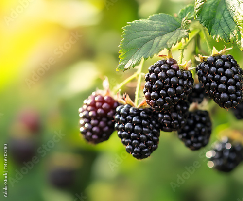 Ripe blackberries in orchard garden, Close up, with space for copying