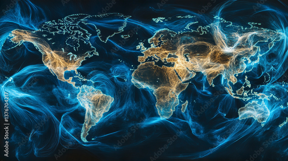 World map and global communication network. Raster illustration