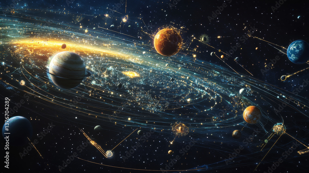 Modern design of global network connections, planets and satellites in orbit. Vector illustration background