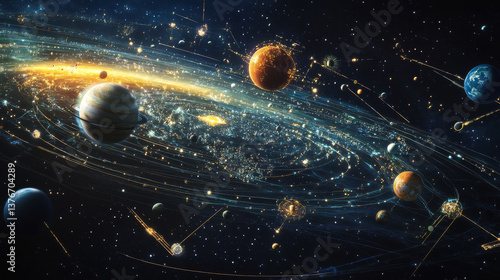 Obraz na płótnie Modern design of global network connections, planets and satellites in orbit. Vector illustration background w salonie