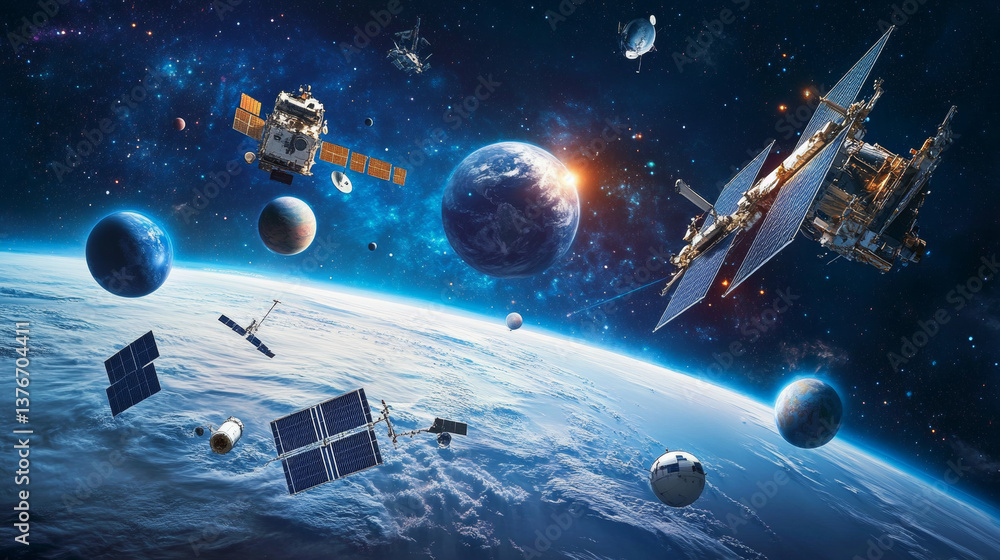 Modern design of global network connections, planets and satellites in orbit. Vector illustration background