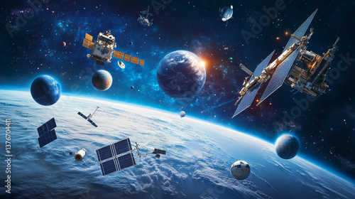 Obraz na płótnie Modern design of global network connections, planets and satellites in orbit. Vector illustration background w salonie