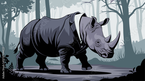 A whimsical illustration of a rhinoceros wearing a formal suit, walking through a misty forest. Perfect for creative projects and design needs.