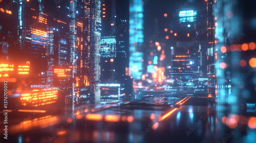 Big data, cryptography programming 3D illustration. Neural network, cloud technologies. Global database, artificial intelligence. Bright, black and white background with bokeh effect