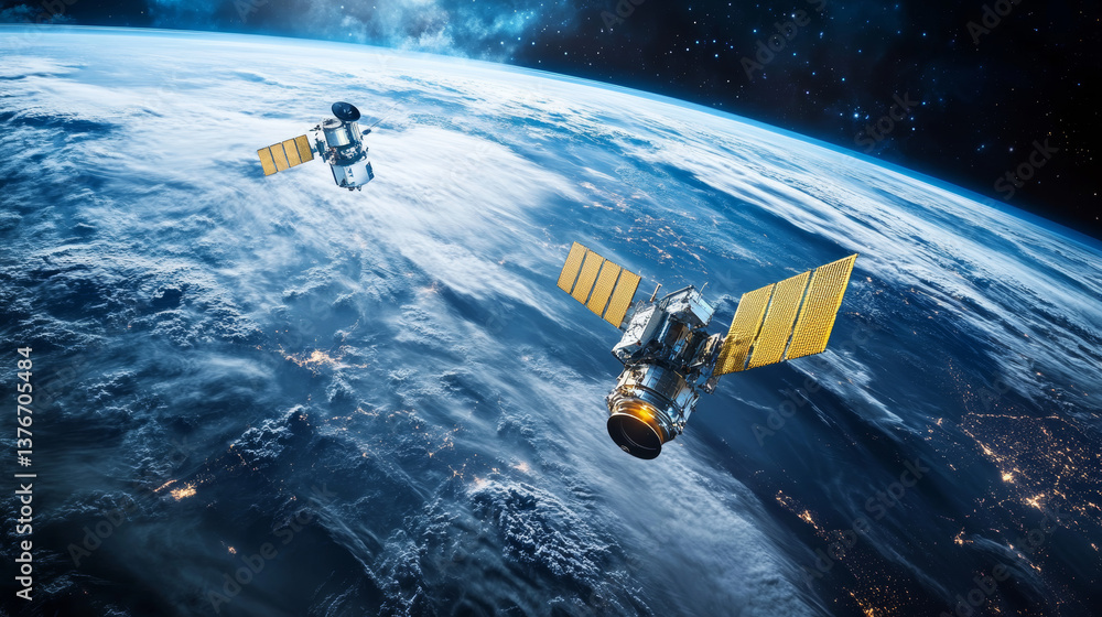Modern design of network connections, the planet and satellites in orbit. Raster illustration