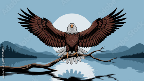 A stunning illustration of a bald eagle perched on a branch with its wings outstretched. The backdrop features a calm lake and mountains under a full moon, creating a tranquil atmosphere.