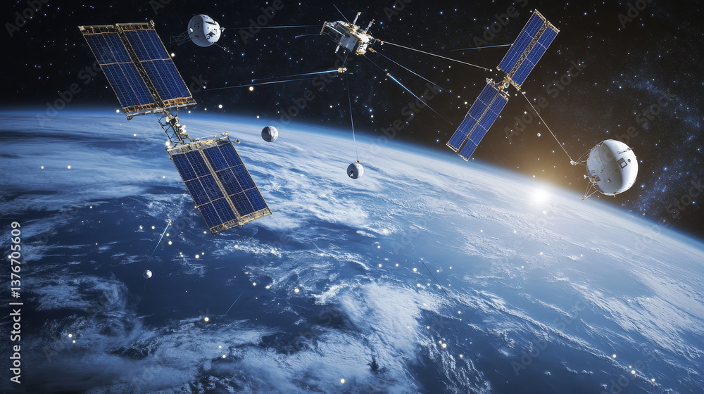 Modern design of network connections, the planet and satellites in orbit. Raster illustration