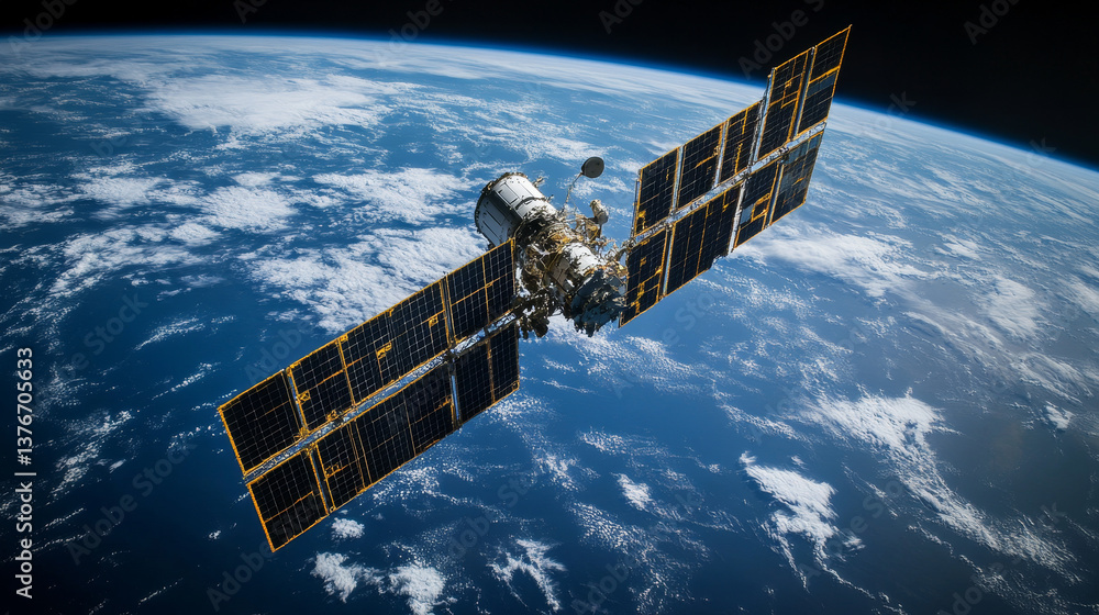 Modern design of network connections, the planet and satellites in orbit. Raster illustration