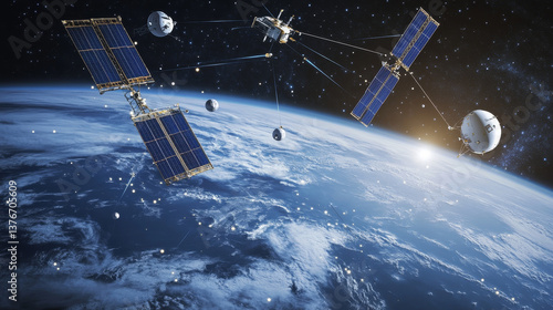 Obraz na płótnie Modern design of network connections, the planet and satellites in orbit. Raster illustration w salonie