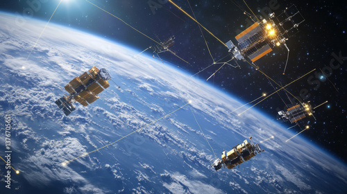 Obraz na płótnie Modern design of network connections, the planet and satellites in orbit. Raster illustration w salonie