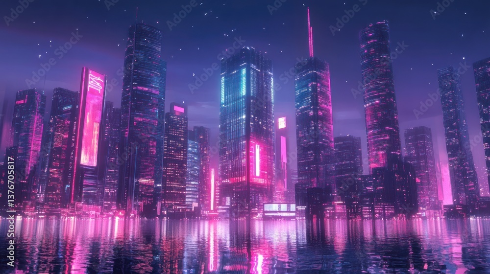 Fototapeta premium Futuristic cyberpunk metropolis reflects in tranquil waters under a starlit sky