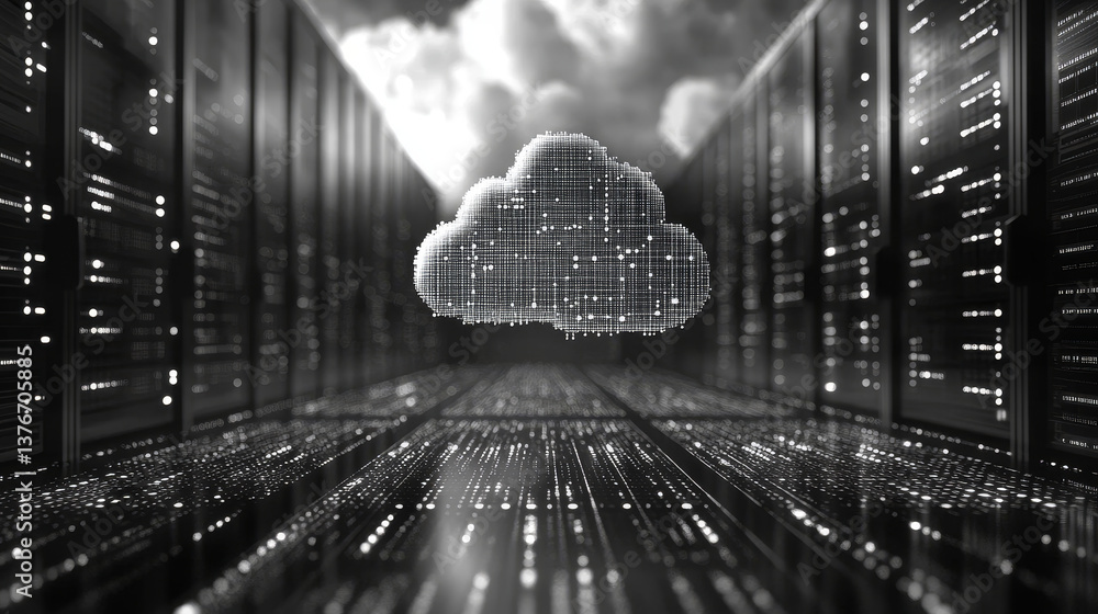 Big data, cryptography programming 3D illustration. Neural network, cloud technologies. Global database, artificial intelligence. Bright, black and white background with bokeh effect