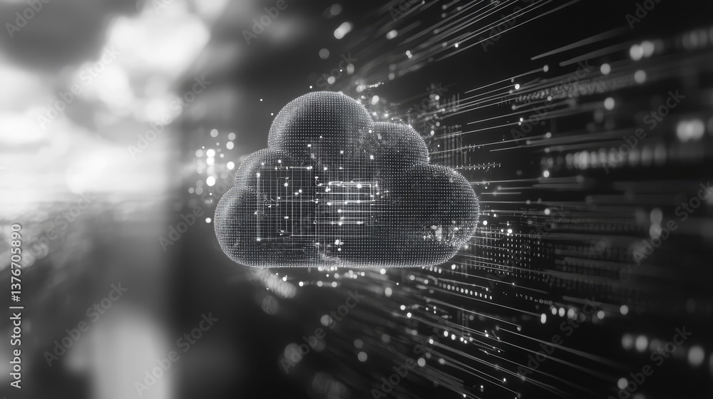 Big data, cryptography programming 3D illustration. Neural network, cloud technologies. Global database, artificial intelligence. Bright, black and white background with bokeh effect