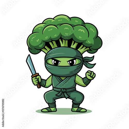 Broccoli Ninja Cartoon Character with Sword