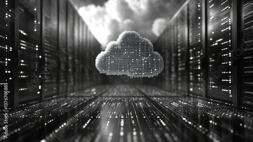 Obraz na płótnie Big data, cryptography programming 3D illustration. Neural network, cloud technologies. Global database, artificial intelligence. Bright, black and white background with bokeh effect w salonie