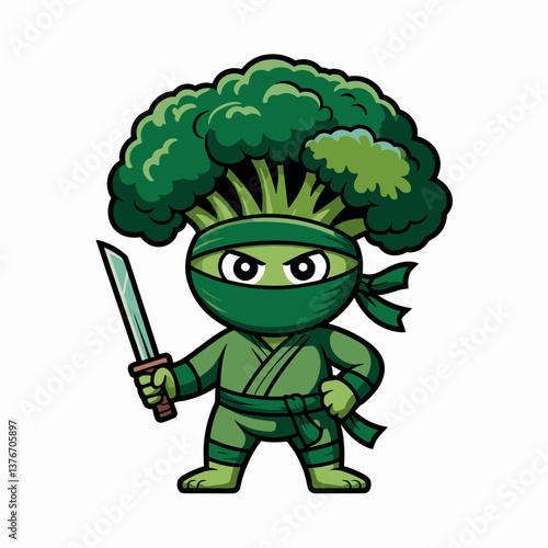 Broccoli Ninja Cartoon Character with Sword