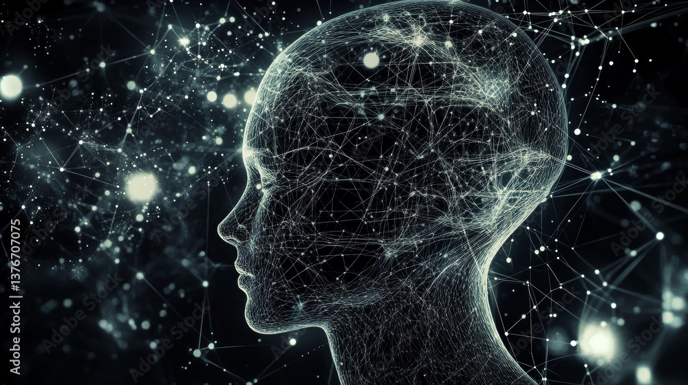 Fototapeta premium Communication and development. High resolution poster on high technology theme. Black and white abstract image of a neural network. 3D illustration of nanotechnological synthetic materials