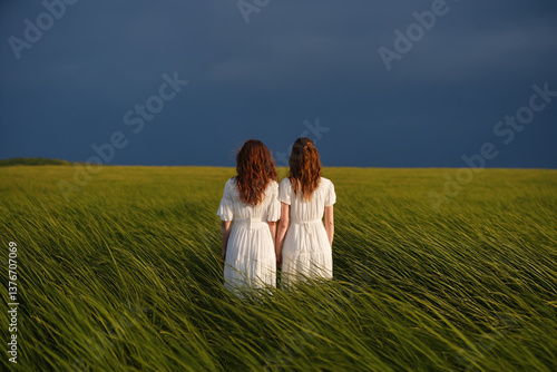 Mysterious Twin Sisters Walking Through a Field Under a Dark Sky