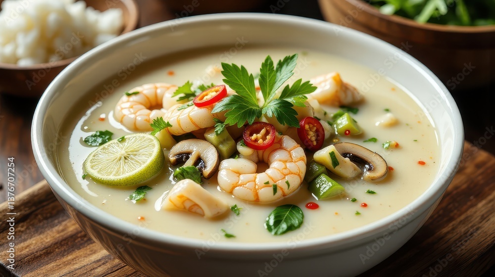 Tom Kha soup, served in a traditional white bowl with a smooth, creamy coconut milk base, lightly simmering with aromatic herbs and spices. Tom Kha soup, served in a traditional white bowl with a smooth, creamy coconut milk base, lightly simmering with aromatic herbs and spices.