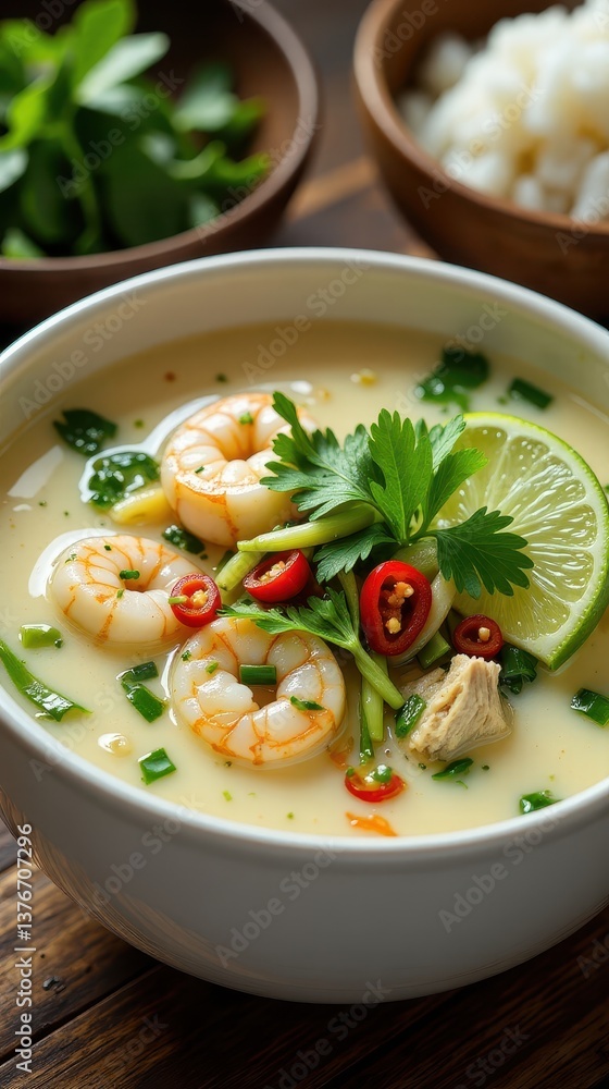 Tom Kha soup, served in a traditional white bowl with a smooth, creamy coconut milk base, lightly simmering with aromatic herbs and spices. Tom Kha soup, served in a traditional white bowl with a smooth, creamy coconut milk base, lightly simmering with aromatic herbs and spices.