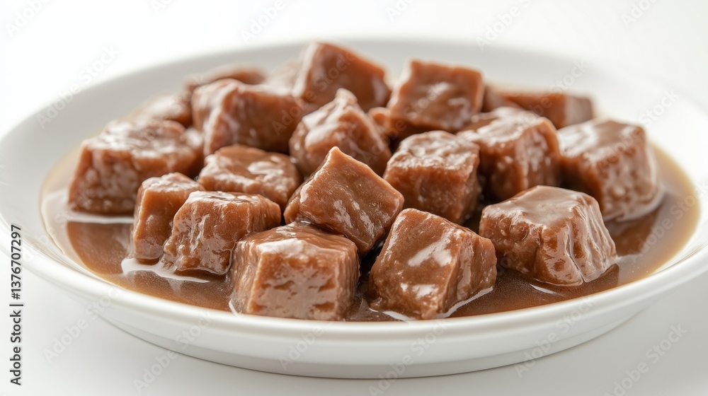 Gourmet Wet Cat Food with Tender Chunks in Rich Gravy on White Plate Gourmet Wet Cat Food with Tender Chunks in Rich Gravy on White Plate