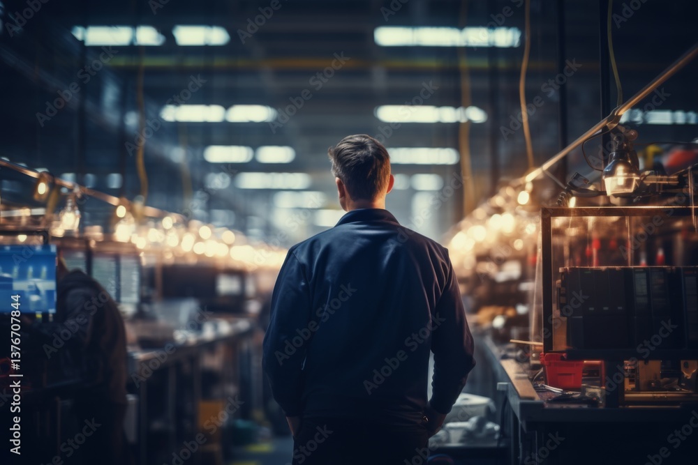 Rear view of a quality assurance technician working in a factory Rear view of a quality assurance technician working in a factory