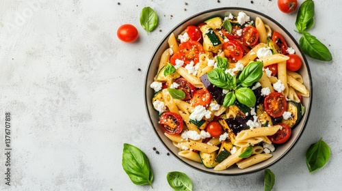 Colorful penne pasta salad with cherry tomatoes, zucchini, and feta cheese garnished with fresh basil
