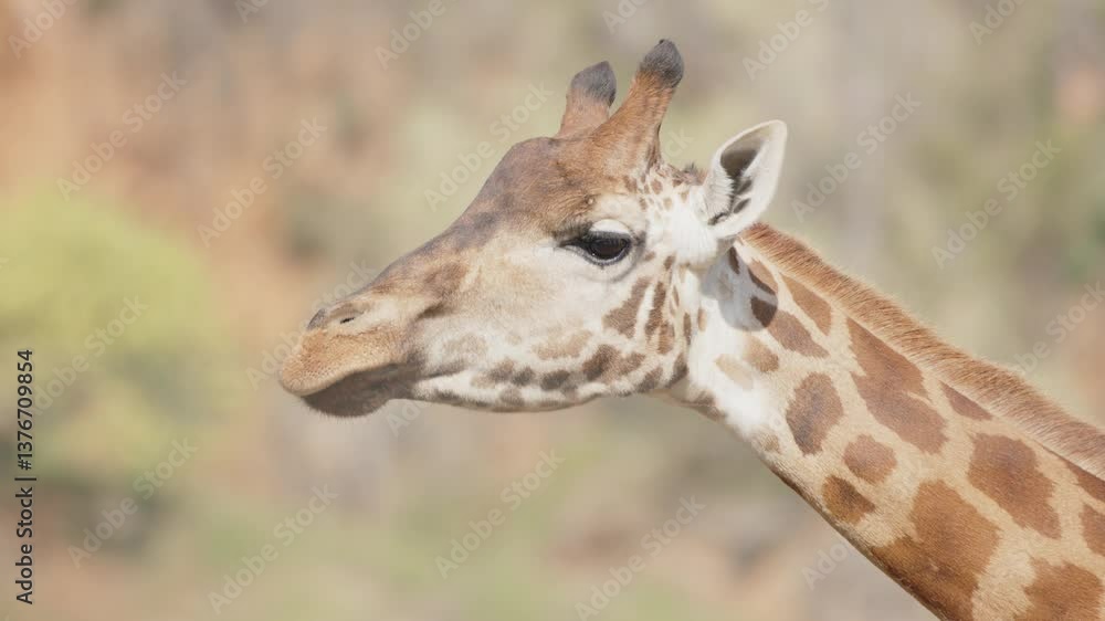 A close-up profile of a giraffe showcasing its distinctive long neck and patterned coat. The background is blurred, emphasizing the giraffe's features. A close-up profile of a giraffe showcasing its distinctive long neck and patterned coat. The background is blurred, emphasizing the giraffe's features.