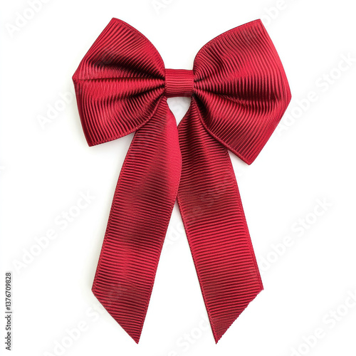 A close up of a textured red ribbon bow with tails isolated on a white background with clear details