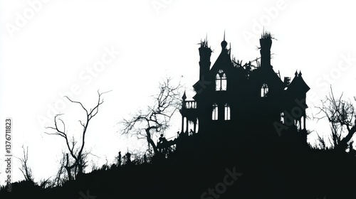 Eerie haunted house silhouette isolated white background abstract art
