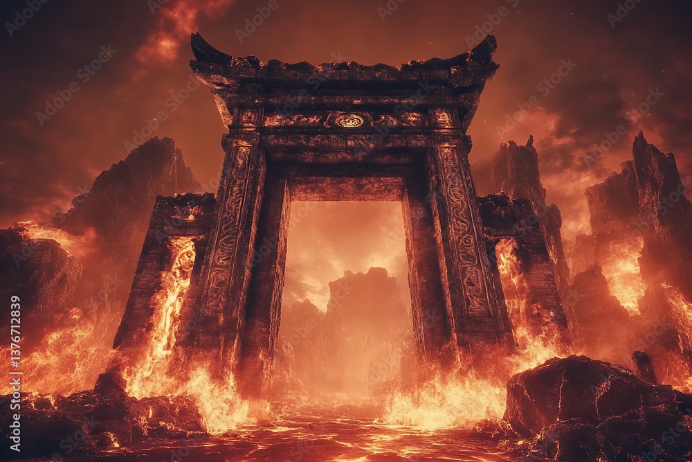 Fototapeta premium Majestic ancient stone gateway surrounded by lava and fiery landscape at dusk