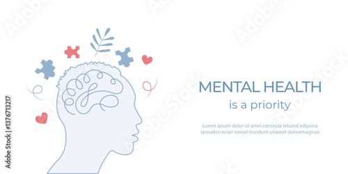 Mental Health banner.Mental health problems and emotional burnout. Concept of psychotherapy.Vector illustration.