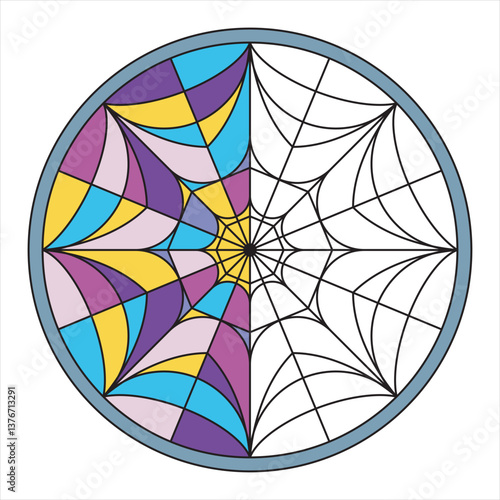 Wednesday stained glass window. Stained glass window in the form of a web with divided halves. The concept of good and evil. Multi-colored window with rainbow mosaic. Vector illustration