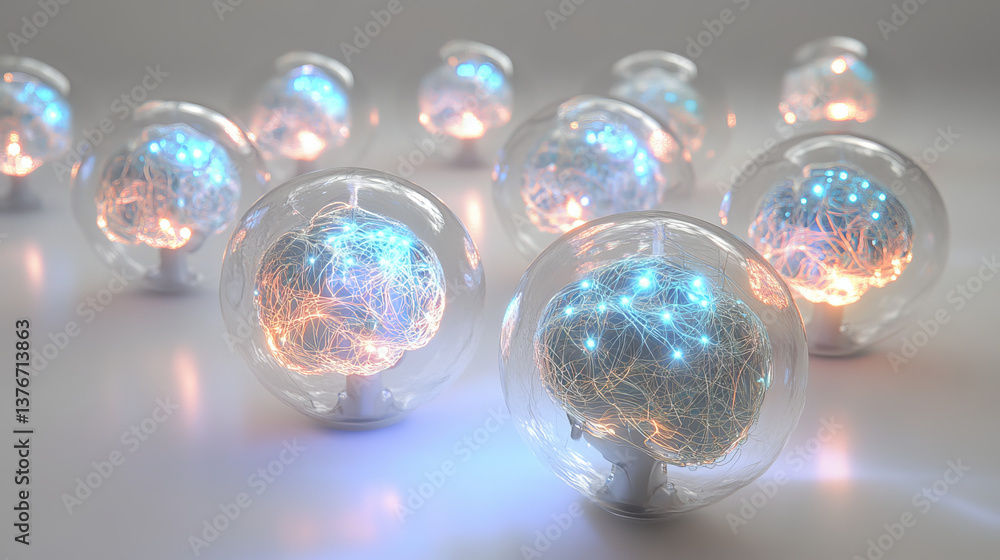The image showcases metallic, neuron-like spheres with glowing circuits, linked by delicate threads, set against a light background that emphasizes their futuristic design. High. 3D Illustration The image showcases metallic, neuron-like spheres with glowing circuits, linked by delicate threads, set against a light background that emphasizes their futuristic design. High. 3D Illustration