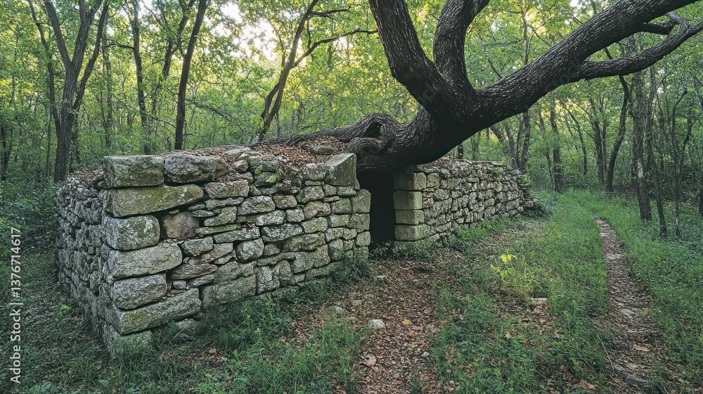 Ancient stone structure enveloped by a large tree in a lush forest. Ancient stone structure enveloped by a large tree in a lush forest.