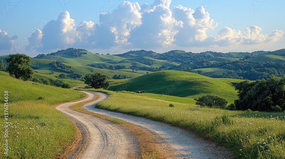 Obraz premium Winding dirt road through idyllic green hills under a partly cloudy sky.