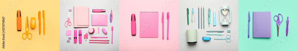 Fototapeta premium Collection of school supplies on color background