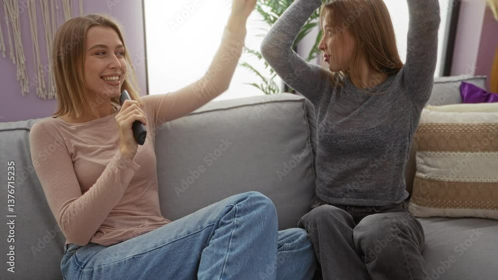 Sisters joyfully singing and dancing on a sofa in a cozy living room celebrate family love and bonding moments. Sisters joyfully singing and dancing on a sofa in a cozy living room celebrate family love and bonding moments.