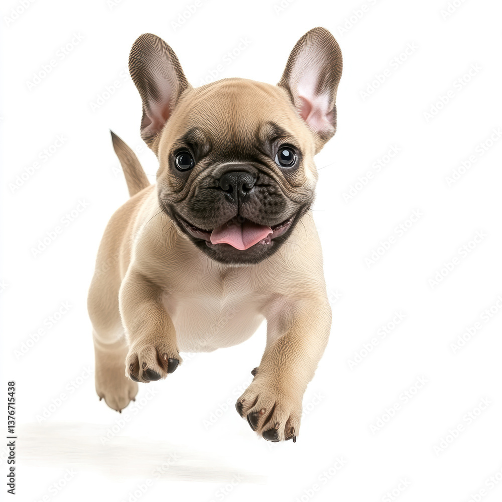 Obraz premium A playful fawn french bulldog puppy mid air with tongue out on a white background in studio shot