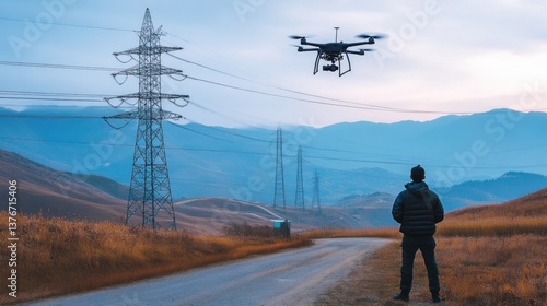 Drone inspection of power lines with pilot amidst rural landscape at dusk