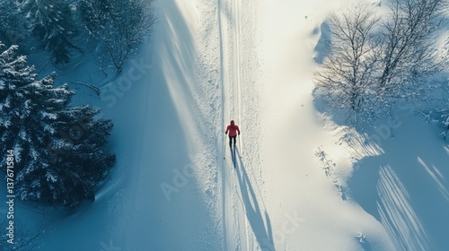 Aerial view of skier gliding through snowy forest landscape on a sunny day