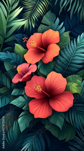 Wallpaper Mural Tropical Hibiscus Flowers with Lush Foliage. Torontodigital.ca