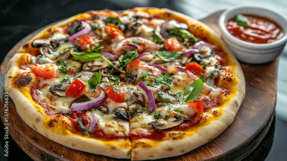 Delicious vegetarian pizza with mushrooms, tomatoes, basil, and onions on wooden board Delicious vegetarian pizza with mushrooms, tomatoes, basil, and onions on wooden board