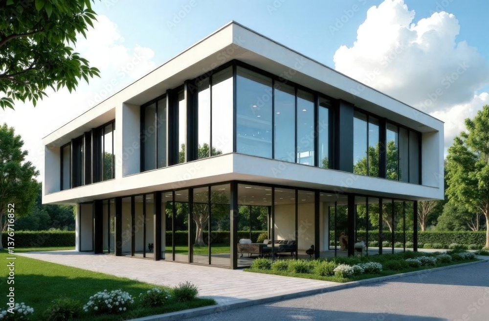 Modern two-story house with large glass windows in green suburban setting Modern two-story house with large glass windows in green suburban setting