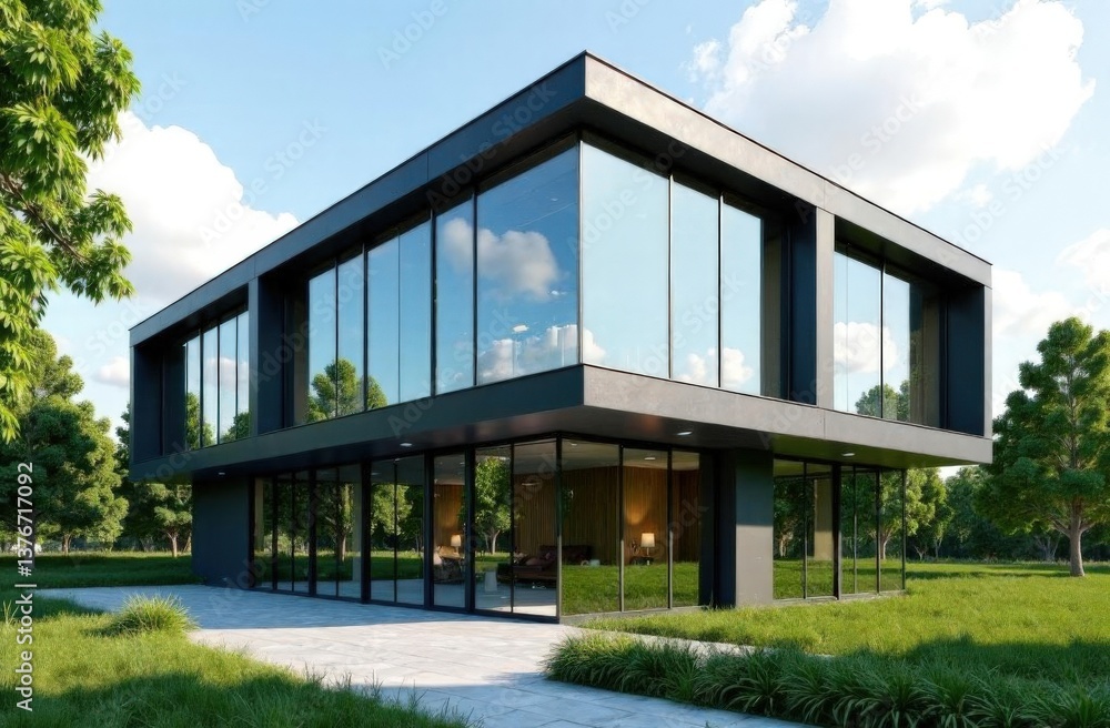 Fototapeta premium Modern two-story house with large glass windows in green suburban setting