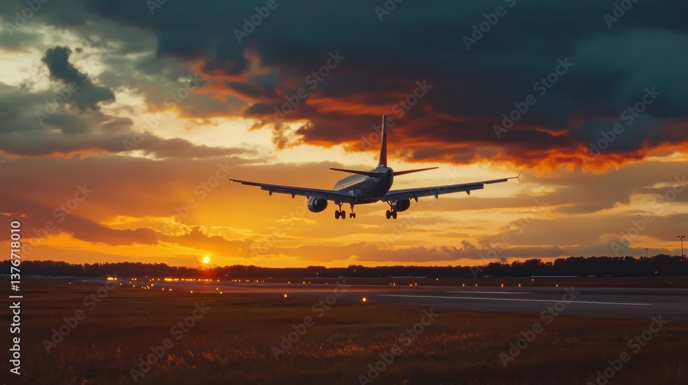Aircraft taking off at sunset airport runway aviation photography dramatic sky ground perspective flight concept Aircraft taking off at sunset airport runway aviation photography dramatic sky ground perspective flight concept
