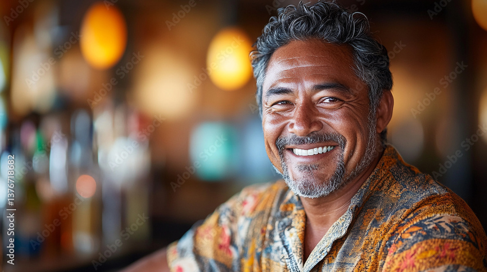 Obraz premium Smiling man in a tropical bar setting with vibrant decor